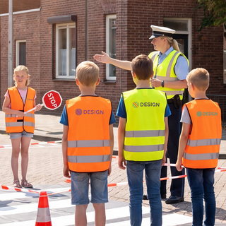 Kinder mit bedruckter Warnweste in Signalfarben an einem Zebrastreifen mit lehrender Polizistin