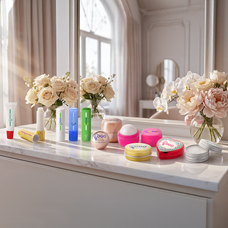 Unterschiedliche bedruckte Lippenpflege mit Blumensträußen auf einer Kommode vor einem Spiegel