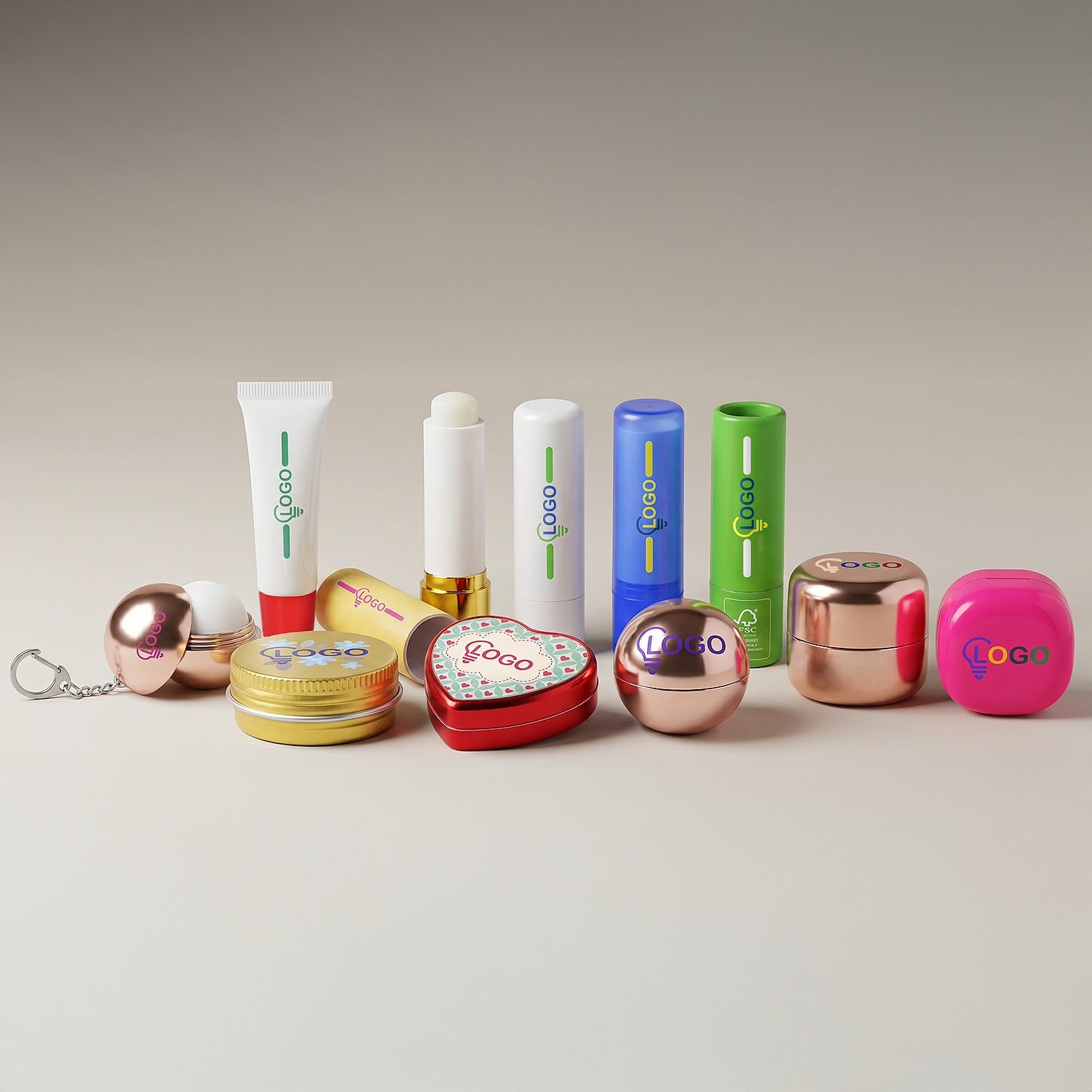 Unterschiedliche Lippenflege, Lippenbalsame und Lippenpflegestifte mit Ihrem Design