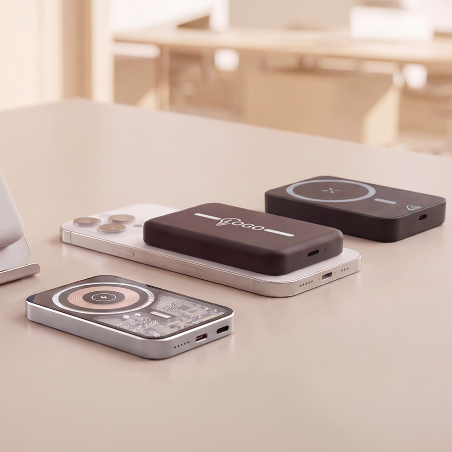 Drei magnetische Powerbanks auf einem Tisch liegend, teilweise mit Logo bedruckt und am Aufladen
