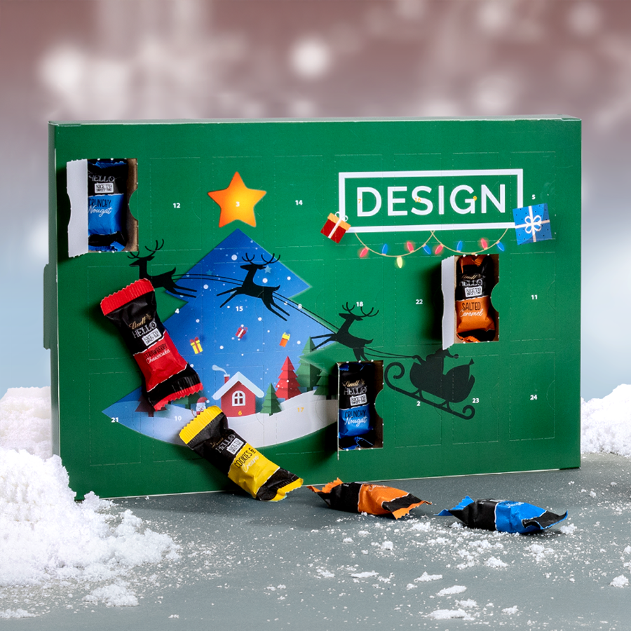 Grüner Lindt-Multi-Adventskalender mit eigenem Design bedruckt und Hello-Mini-Sticks mit Kunstschnee