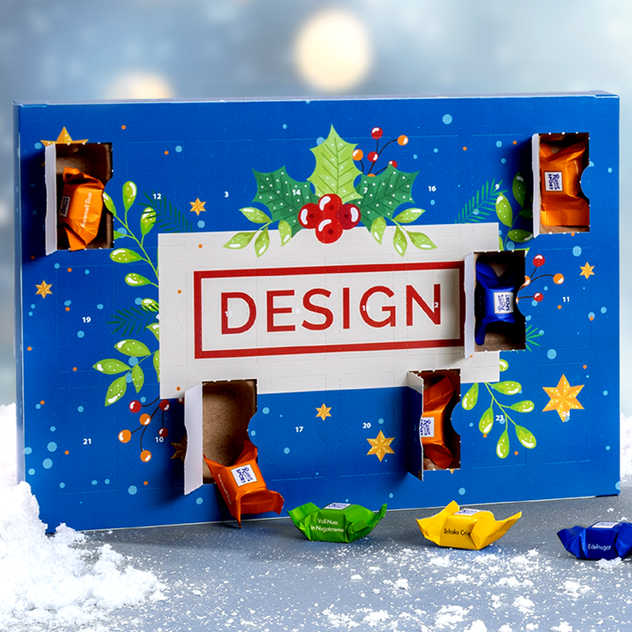 Blauer, bedruckter RITTER-SPORT-Multi-Adventskalender mit Schokowürfeln und Kunstschnee