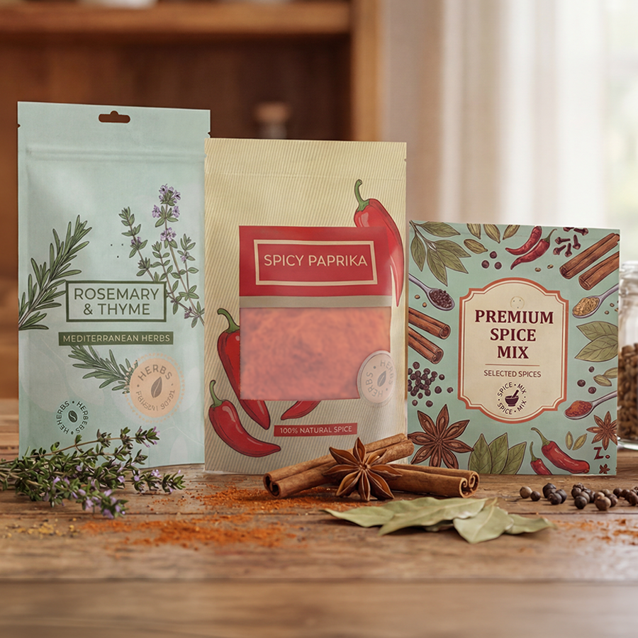 Standbodenbeutel für Gewürze - vollfarbig bedruckt, in vielen Größen verfügbar