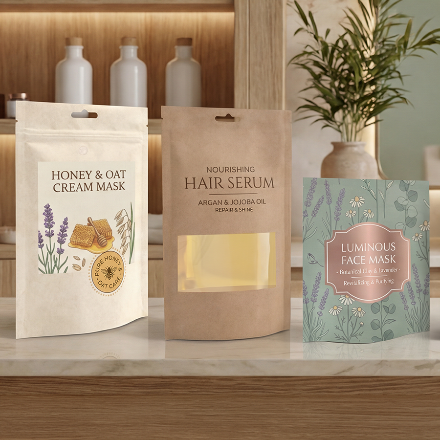 Vollfarbig bedruckte Standbodenbeutel für Kosmetik- und Wellnessprodukte