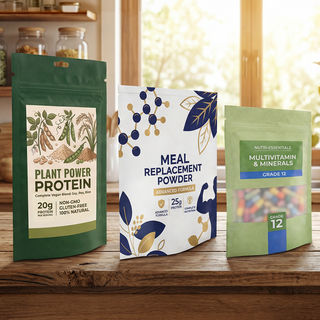 Drei individuell bedruckte Standbodenbeutel für Supplements in verschiedenen Größen stehend auf einer Küchentheke