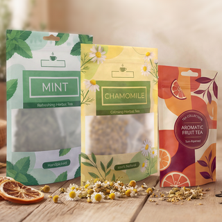 Drei unterschiedlich bedruckte Standbodenbeutel für Tee in verschiedenen Größen stehend auf einem Tisch