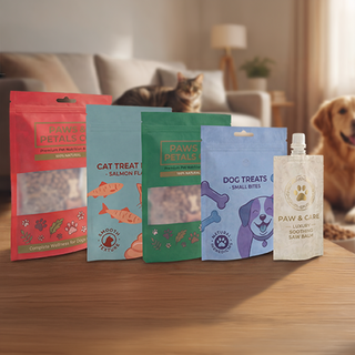 Mehrere Standbodenbeutel für Tierfutter, Doypacks ideal für Tierpflegeprodukte