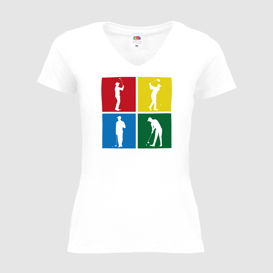 Weißes T-Shirt für Damen mit Golf-Standardmotiv und V-Neck, von Fruit of the Loom