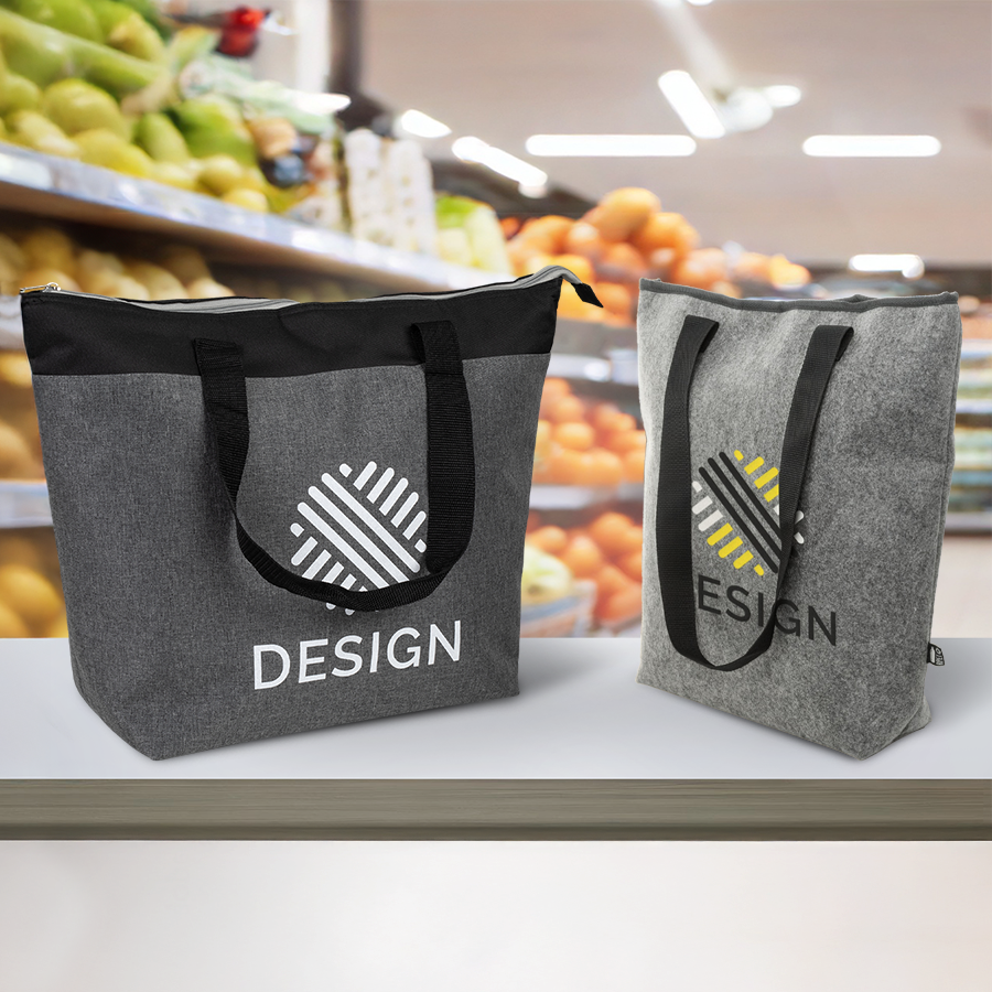 Mit Logo bedruckte Einkaufskühltaschen aus Filz mit Reißverschluss und Klettverschluss im Supermarkt