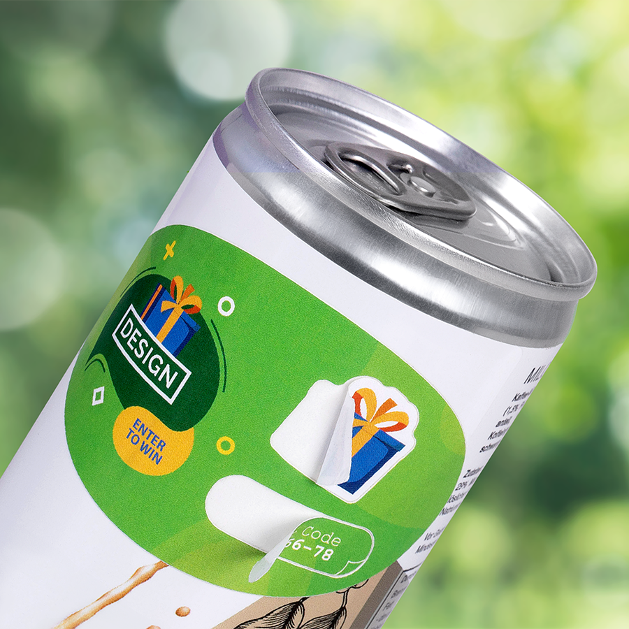 Anwendungsbeispiel ovales Sandwich-Etikett mit mehreren Aussparungen auf einer Getränkedose