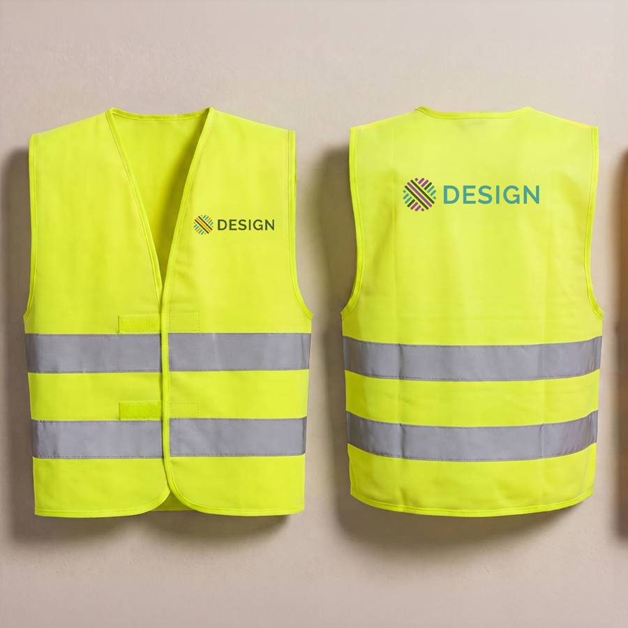 Neongelbe Warnweste für Erwachsene bedrucken, unisex mit Logo auf Brust und Rücken
