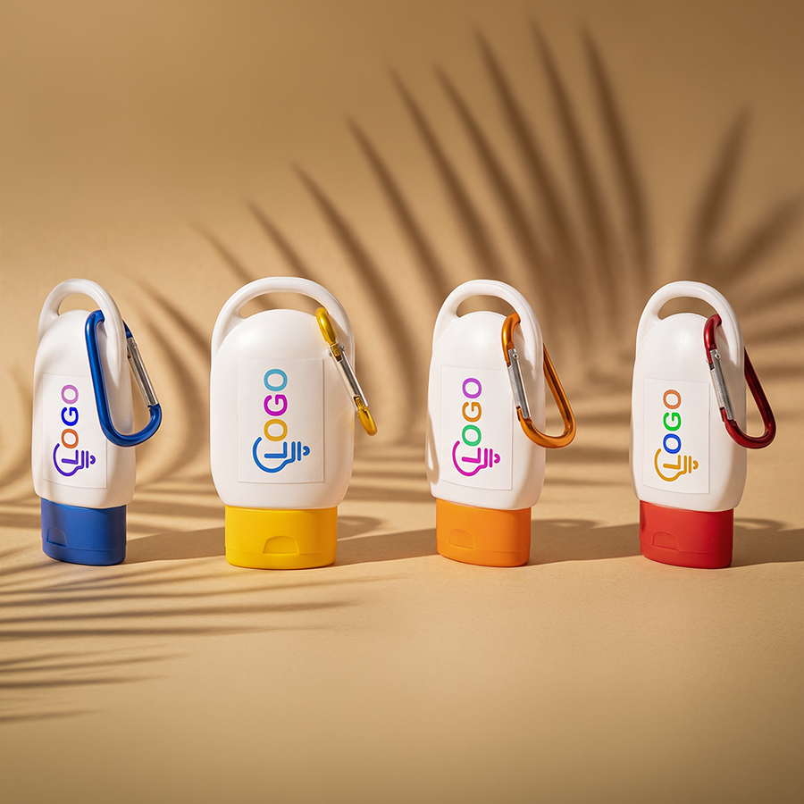 Sonnencreme als Werbemittel mit individuell bedrucktem Etikett auf der Vorderseite