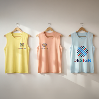 Drei bedruckte Stanley/Stella-Damen-Tanktops in Hellgelb, -blau und Pfirsichfarben auf Bügel hängend