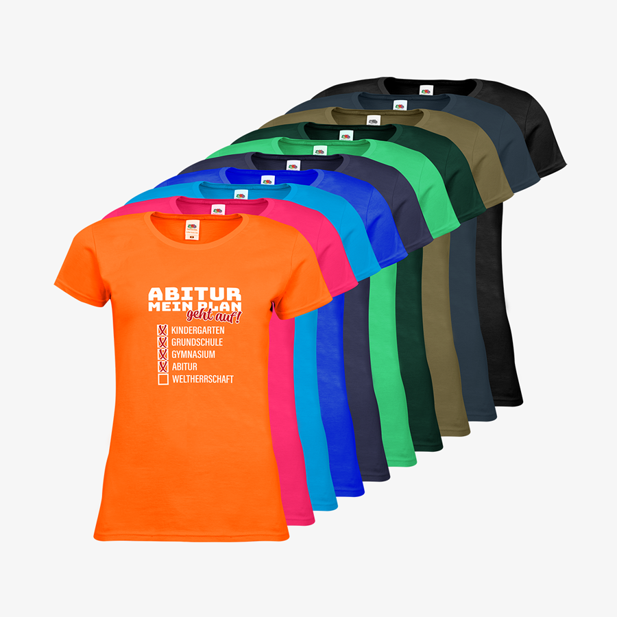 Damen-T-Shirts mit Abitur-Standardmotiv in vielen Farben, Premium-Shirts von Fruit of the Loom