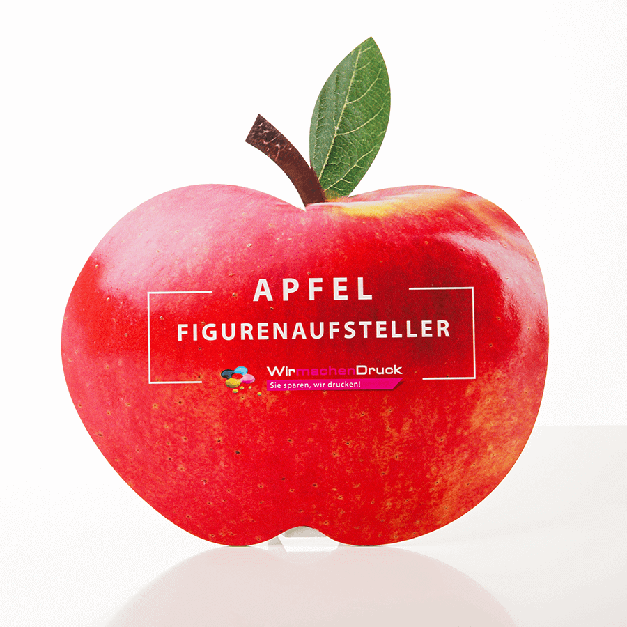 Pappaufsteller in der Form eines Apfels, konturgefräst und individuell vollfarbig bedruckt