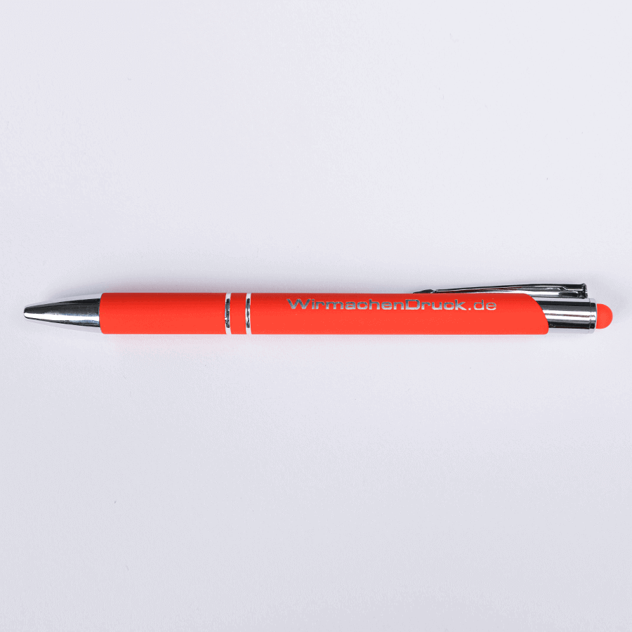 Orangefarbiger und gravierter Touchpen-Kugelschreiber aus Metall mit Touchfunktion am Druckknopf