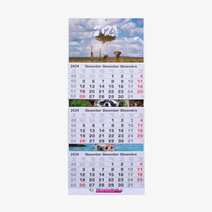 Kalendermuster, kostenloser 3-Monatskalender in der Mehrblock-Variante im Wildlife-Design