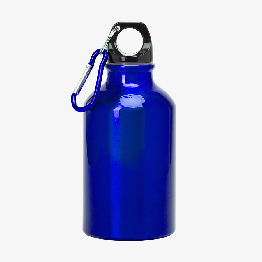 Blaue Aluminiumflasche mit Karabinerhaken und 330 ml Fassungsvermögen