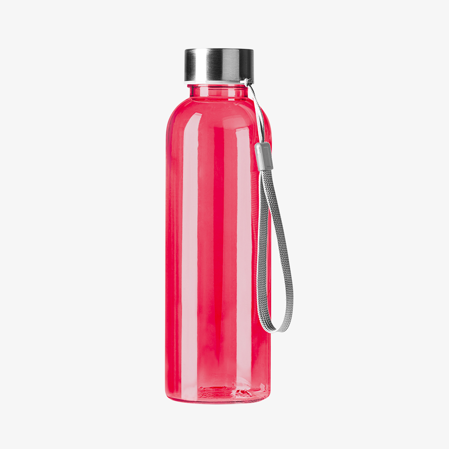 Transparente Sportflasche in Rot, Trinkflasche aus RPET mit Handschlaufe