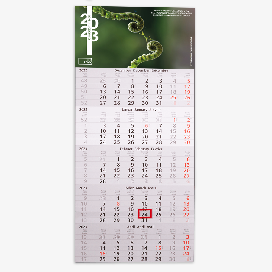5-Monatskalender als Einblockvariante, Kopfteil individuell bedruckbar