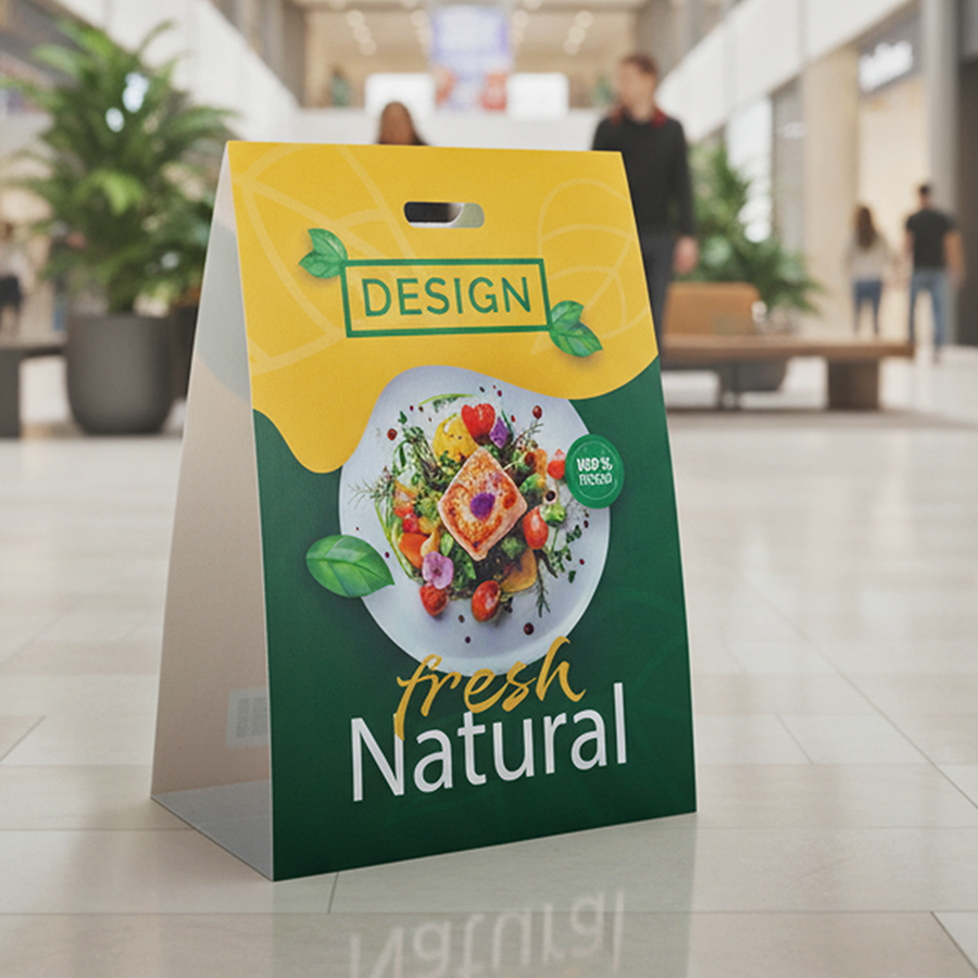 Aufsteller aus Hohlkammerplatte mit Griff, vollfarbig bedruckt im individuellen Design