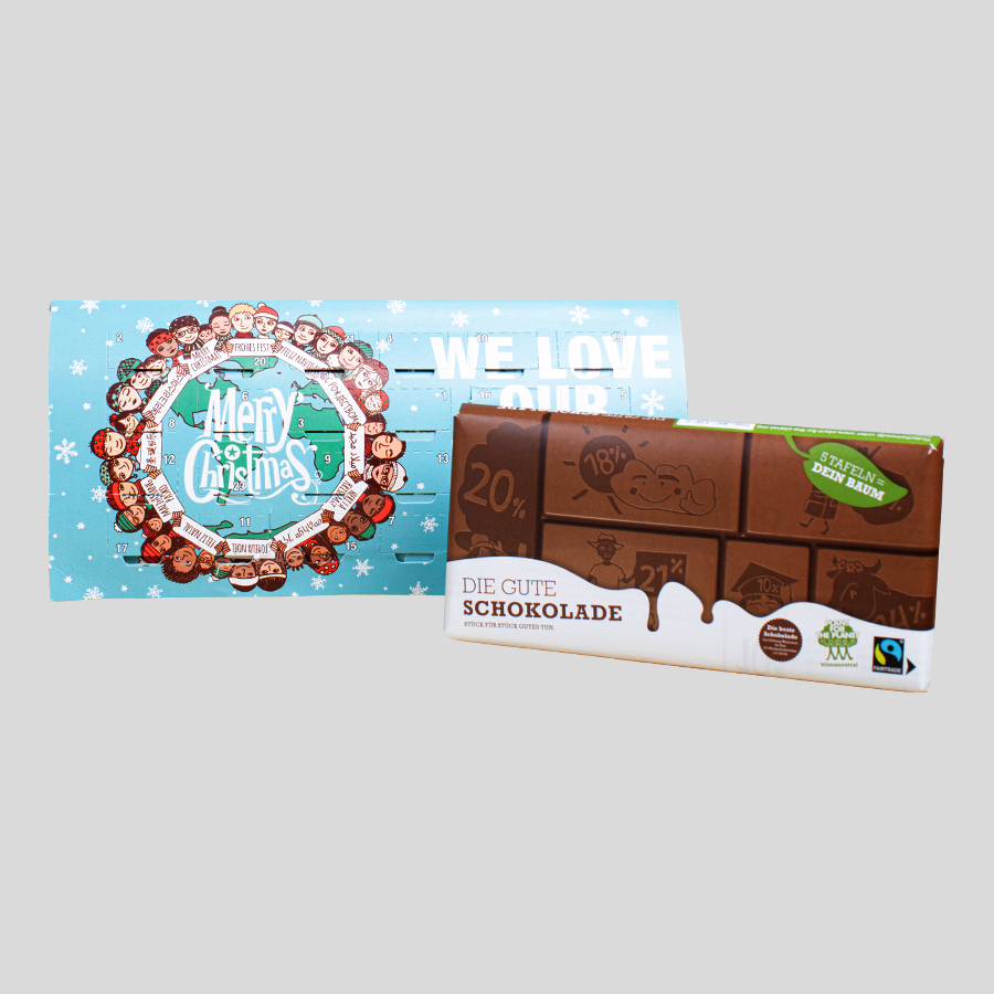Der Gute Adventskalender, individuell bedruckt und befüllt mit 100 g der erfolgreichsten Fairtrade-Schokoladen aller Zeiten