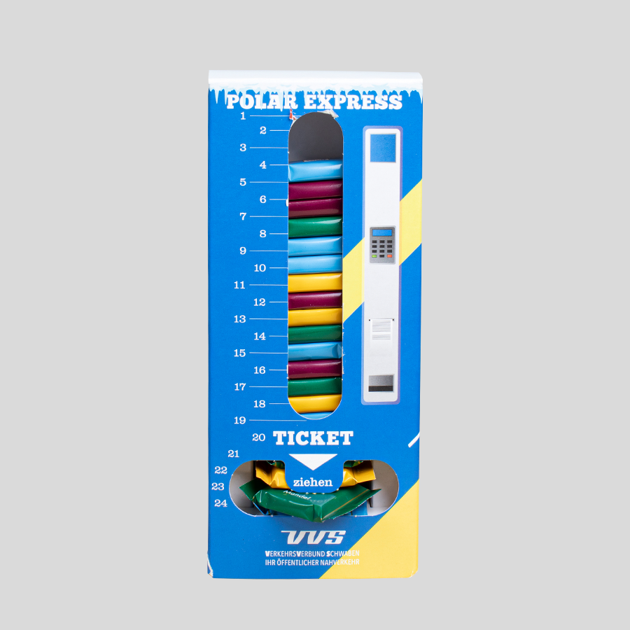 Bedruckter RITTER-SPORT-mini-Adventskalender-Turm befüllt mit Schokolade in verschiedenen Geschmacksrichtungen