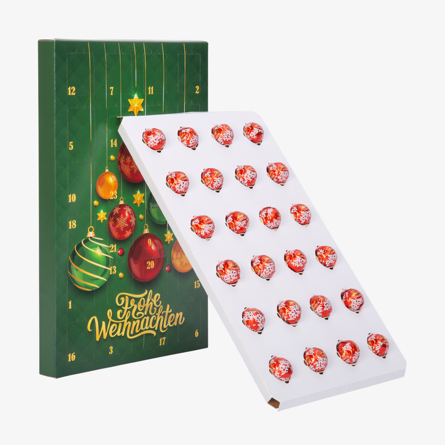 Grüner Lindt Lindor Tisch-Adventskalender und weißer gefüllter Einleger mit roten Lindt Schokokugeln, Komplettansicht, 4/0 farbig bedruckt
