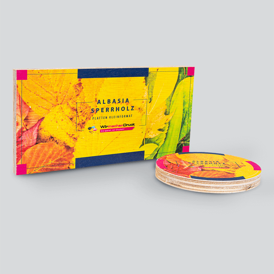 Albasia Sperrholzplatten im Kleinformat, 4/4-farbig bedruckt mit individuellem Wunschdesign