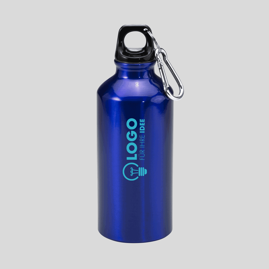 Blaue Aluminiumflasche mit Karabinerhaken mit 1-farbigem Tampondruck, 400 ml Fassungsvermögen