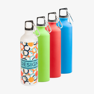 Mehrere Aluminiumflaschen mit Karabinerhaken in der Gesamtansicht, in verschiedenen Farben, eine hat einen UV-LED-Druck 