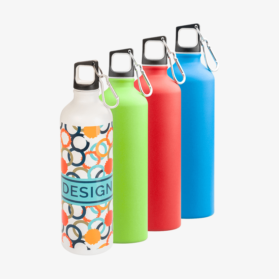 Mehrere Aluminiumflaschen mit Karabinerhaken in der Gesamtansicht, in verschiedenen Farben, eine hat einen UV-LED-Druck