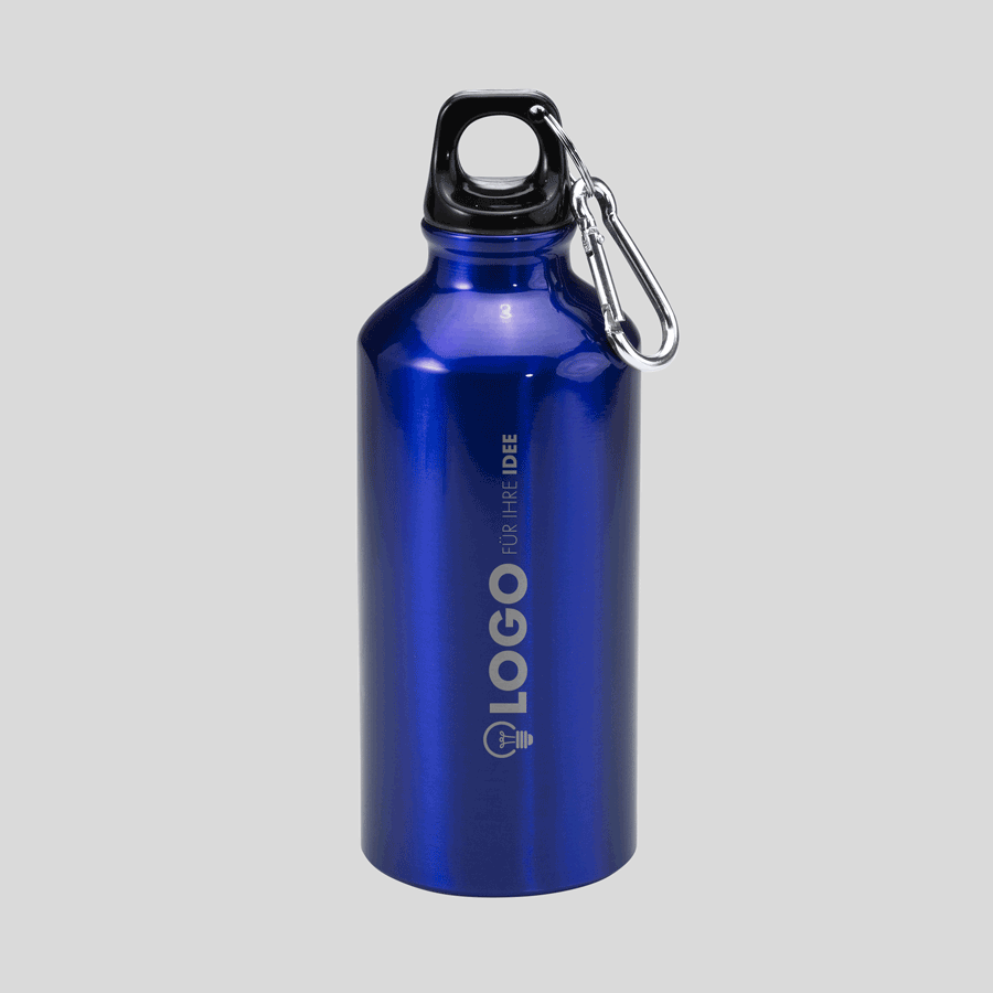 Blaue Karabiner-Aluminiumflasche mit 400 ml Fassungsvermögen und Lasergravur