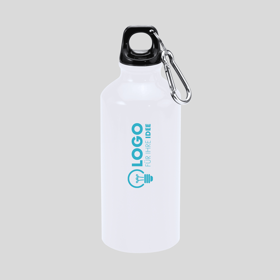 Weiße Aluminiumflasche (400 ml) mit individuellem Tampondruck und Karabinerhaken