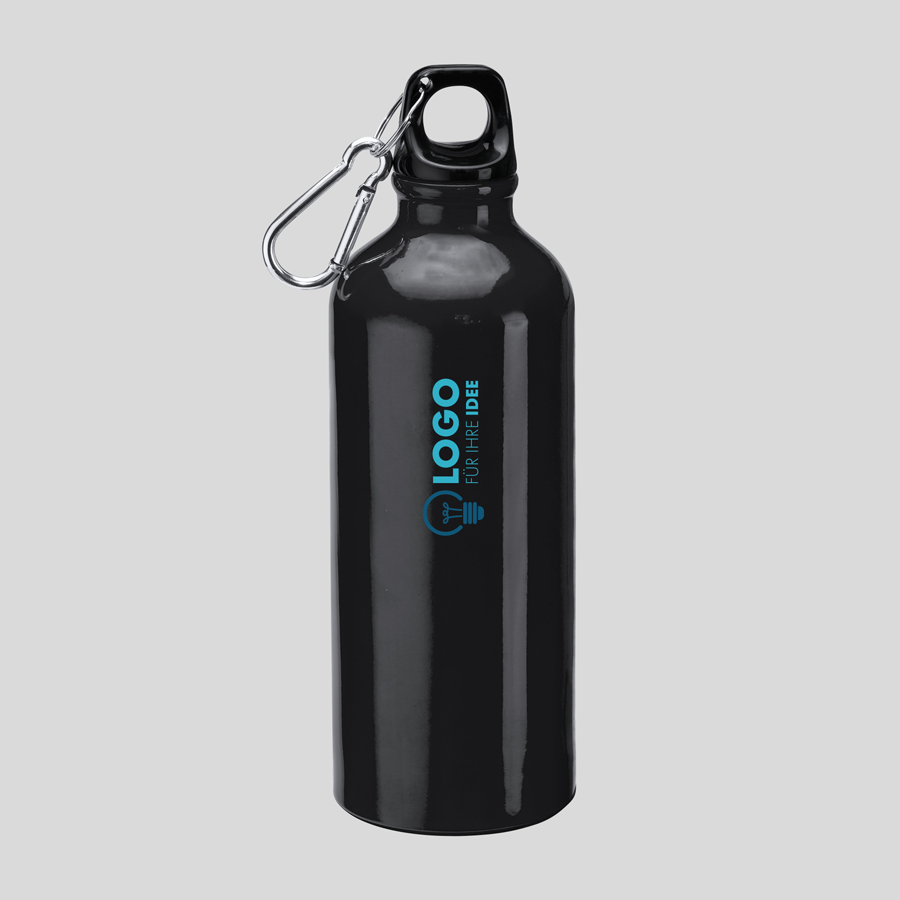 Schwarze Aluminiumflasche (800 ml) mit Karabinerhaken und individuellem Tampondruck