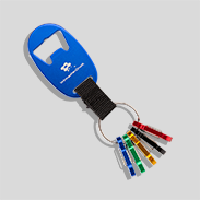 Alu-Schlüsselanhänger mit Mini-Karabinerhaken und Flaschenöffner blau