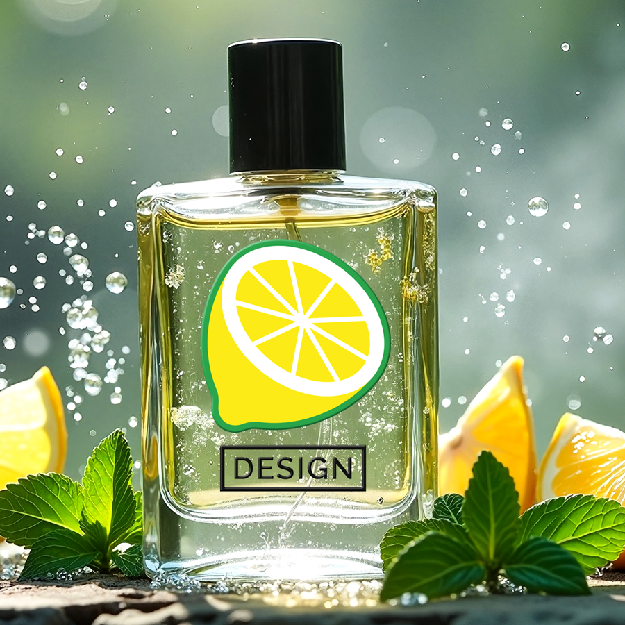 UV-DTF-Aufkleber in freier Größe mit Zitronendesign auf Parfumflasche stehend auf einem Tisch