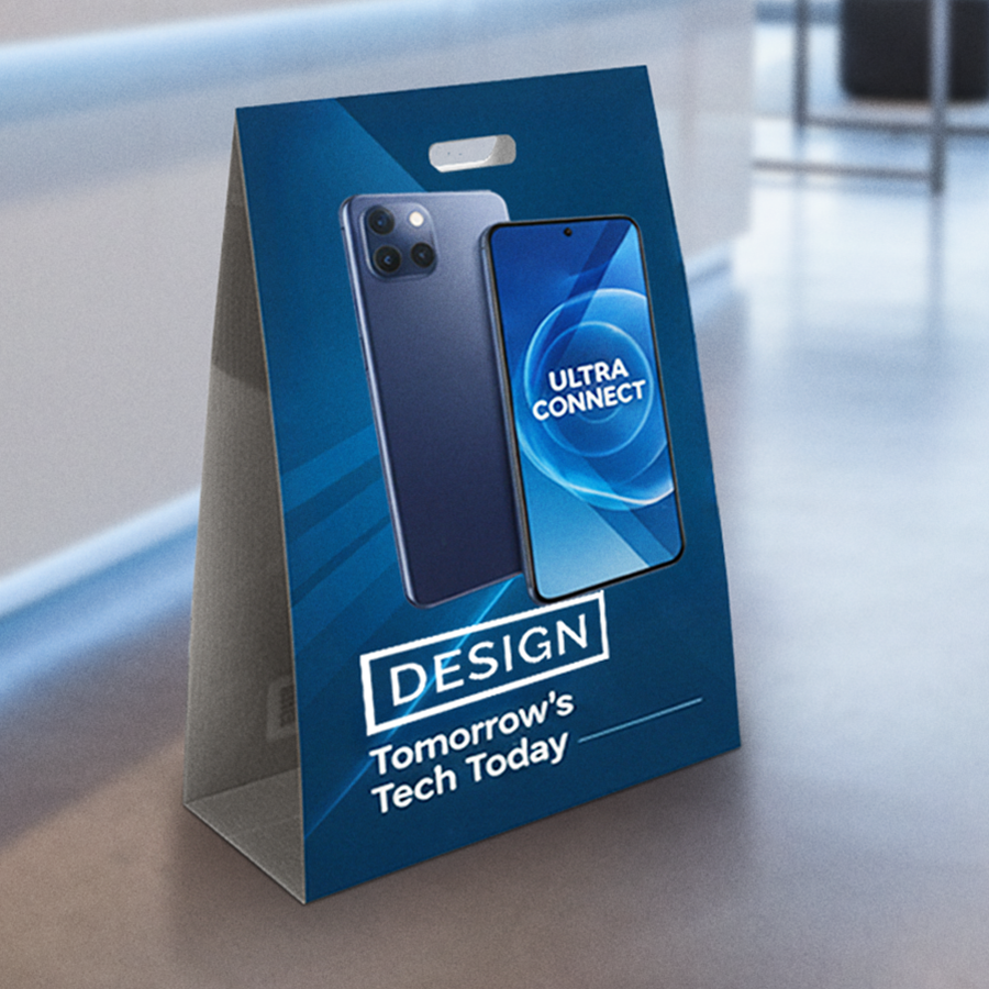 Vollfarbig bedruckter Aufsteller aus Hohlkammerplatte, stabil und leicht