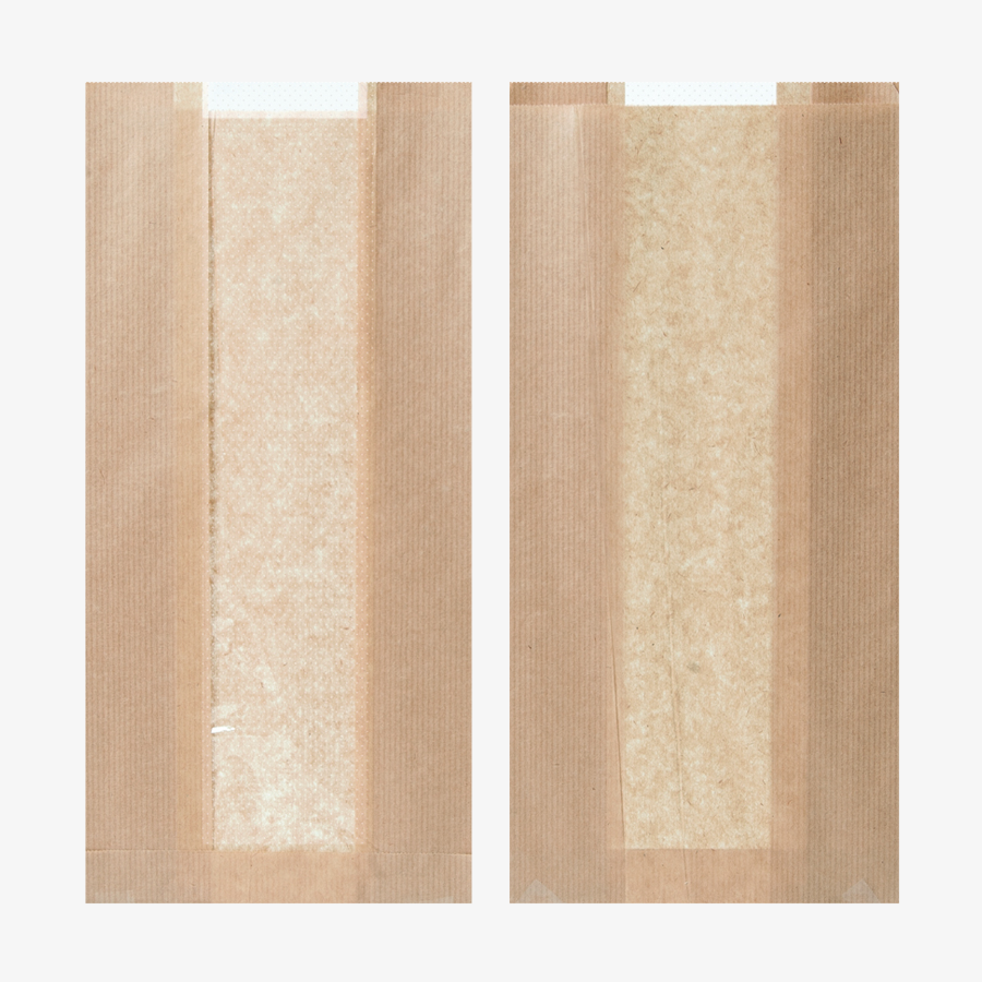 Unbedruckte Bäckertüten aus braunem Kraftpapier mit Sichtstreifen