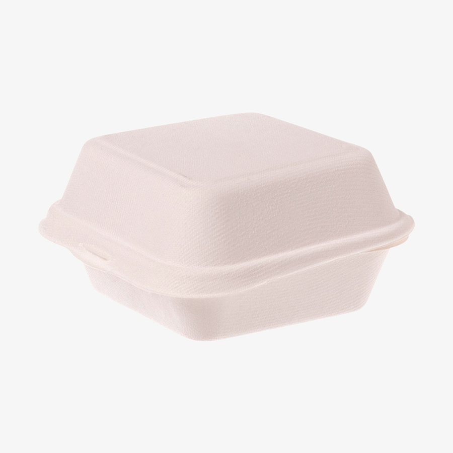 Große Burgerbox (216 x 210 x 103 mm) aus Bagasse, geschlossen