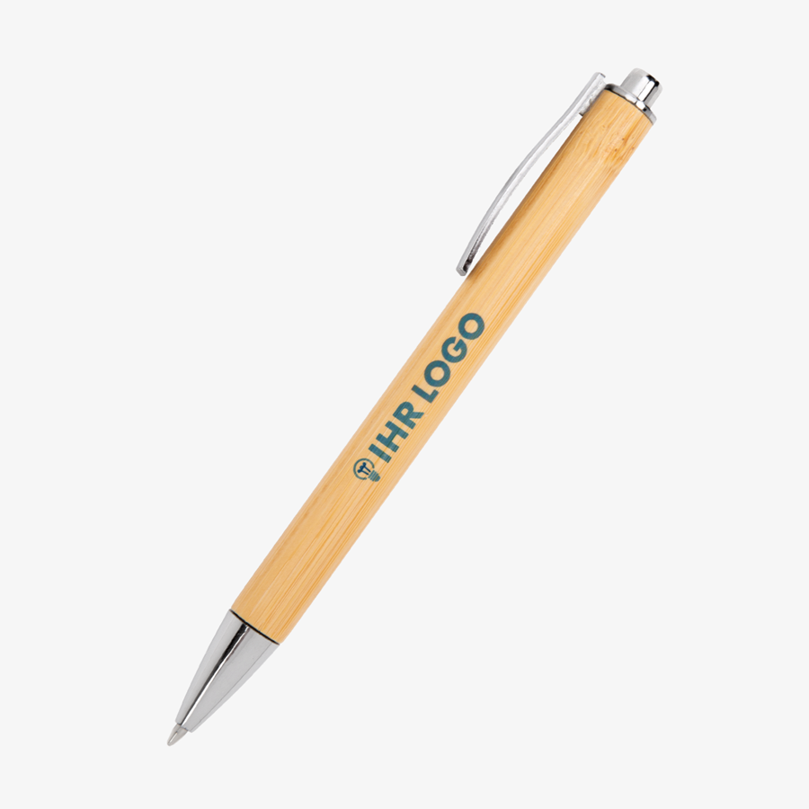 Bambus-Kugelschreiber mit silberfarbenen Applikationen und vollfarbigem UV-Druck