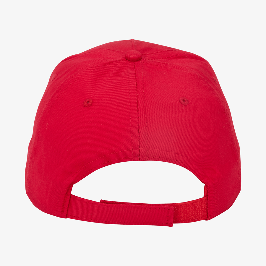 Detailansicht Rückseite einer roten Basic-Twill-Baseballcap mit Klettverschluss