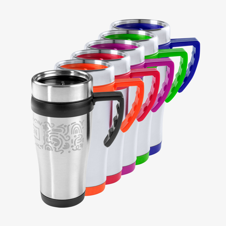 Sechs Edelstahl-Thermobecher mit farbigem Griff mit Rundumgravur und 450 ml Fassungsvermögen