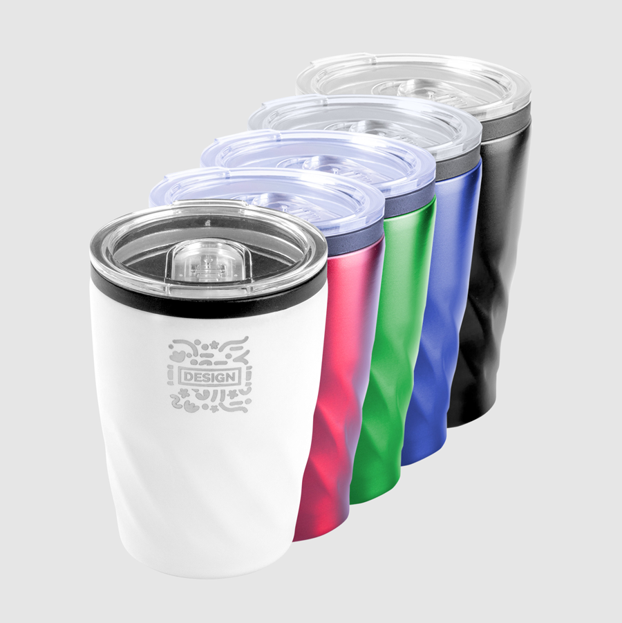 Mehrweg-To-go-Becher aus Edelstahl in unterschiedlichen Farben, mit Lasergravur und praktischem Deckel