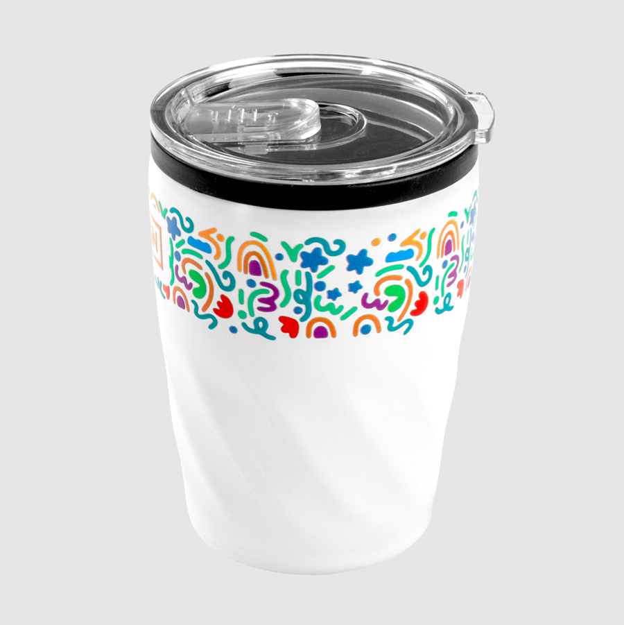 Rundum mit UV-LED-Druck bedruckter Edelstahl-Mehrweg-To-go-Becher mit Deckel 