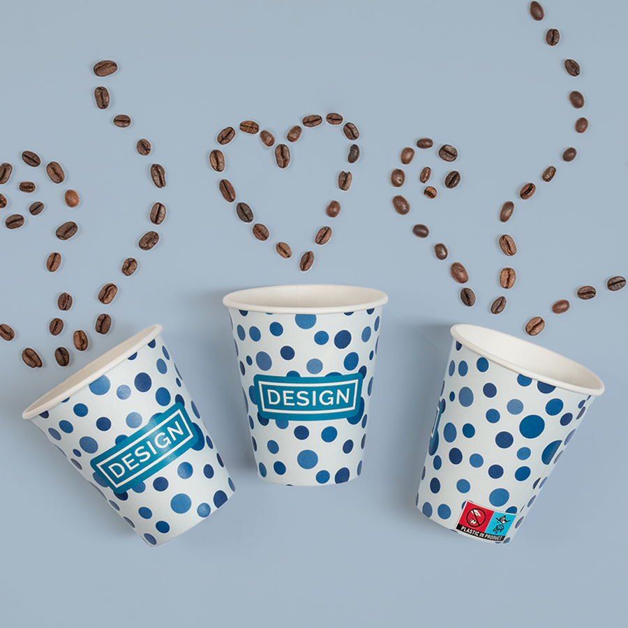 Mehrere einwandige Pappbecher für 250 ml Inhalt mit individuellem Druck