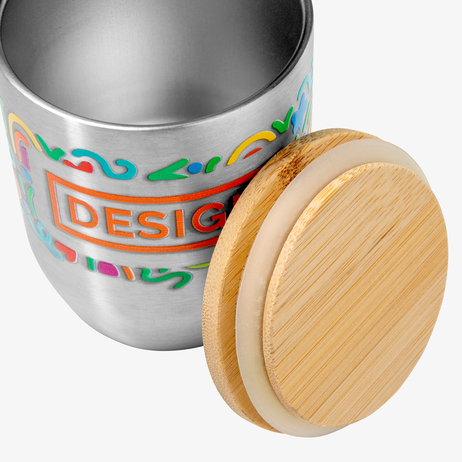 Edelstahl-Thermobecher mit offenem Bambusdeckel à 280 ml rundum bedruckt mit UV-LED-Druck
