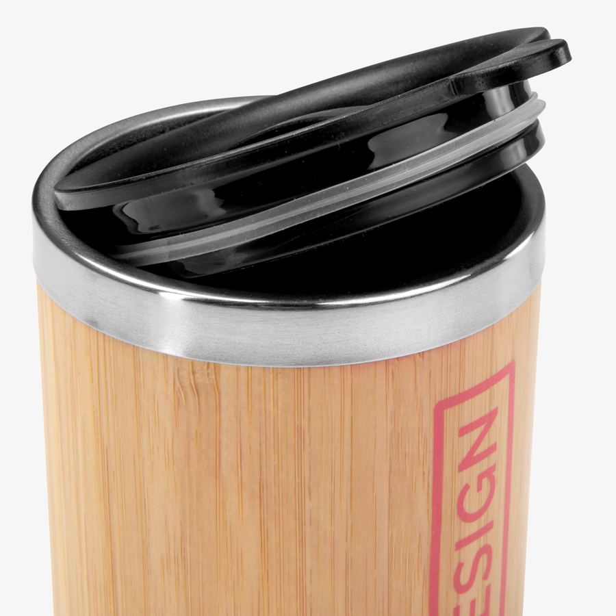 Edelstahl-Thermobecher à 300 ml mit Bambusüberzug – mit Tampondruck und Deckel in Detailansicht