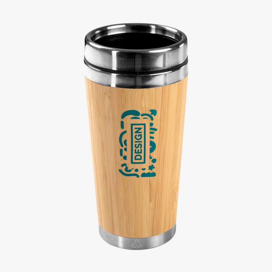 Isolierbecher aus Edelstahl und Bambus, mit Bambusüberzug, hochwertig mit eigenem Design bedruckt