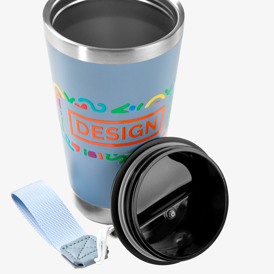 Vakuumisolierter Edelstahlbecher mit Trageschlaufe, Deckel und UV-LED-Druck